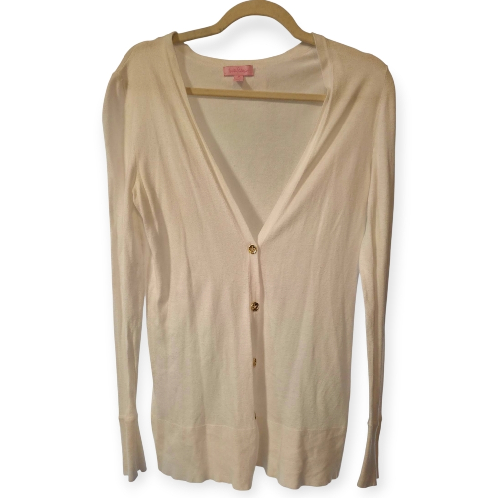 Lilly Pulitzer Tunic Style Gold Tone Button Front Closure Lightweight Cardigan